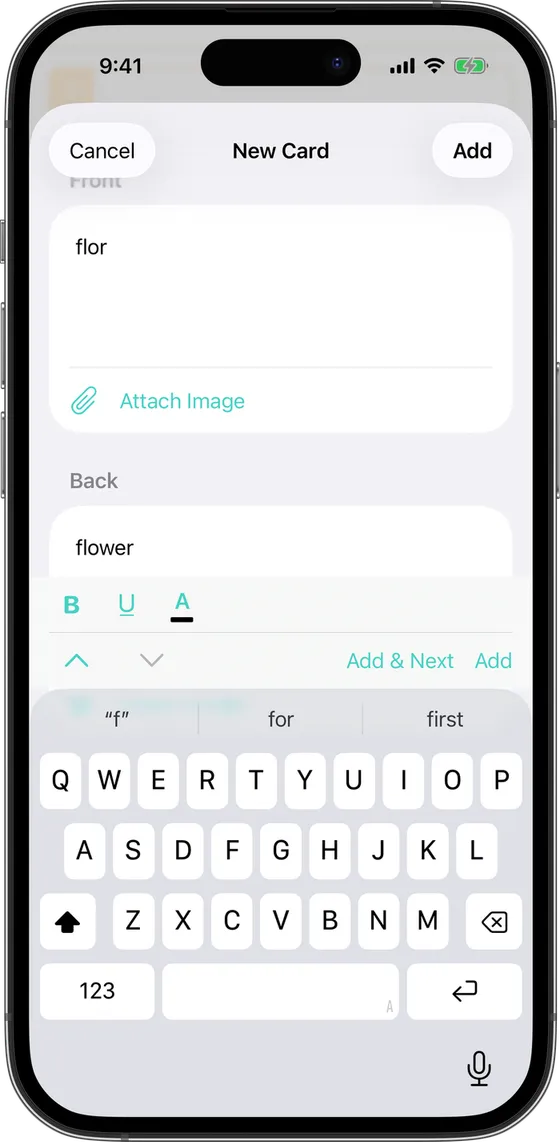 The "New Card" screen with "Front" and "Back" filled in, showing "Add" and "Add & Next"