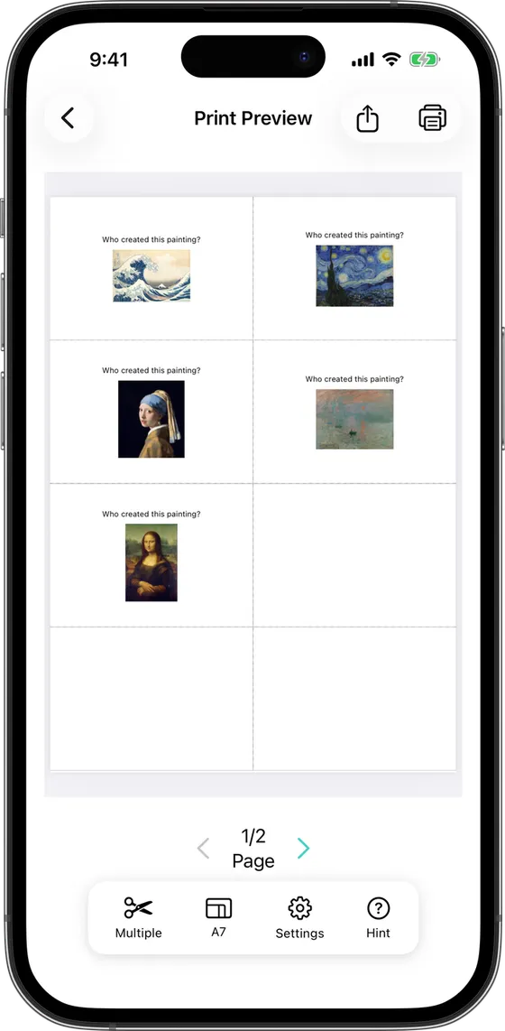 The "Print Preview" screen showing cards that have images attached