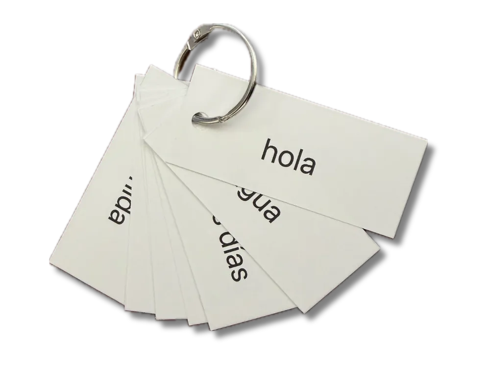 Flashcards printed with "Cut and use", cut out and bound on a ring