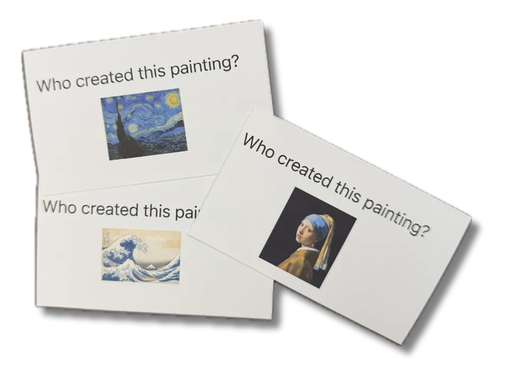 Flashcards printed with "Print one by one", where each sheet of paper is one card, including cards with images